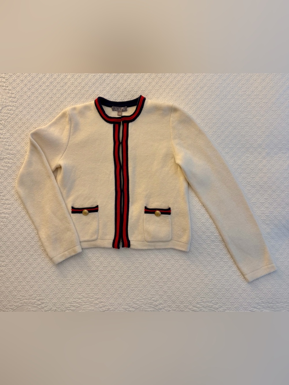 J.Crew Sweater Lady Jacket in Stripe Cardigan Cream, Navy and Red